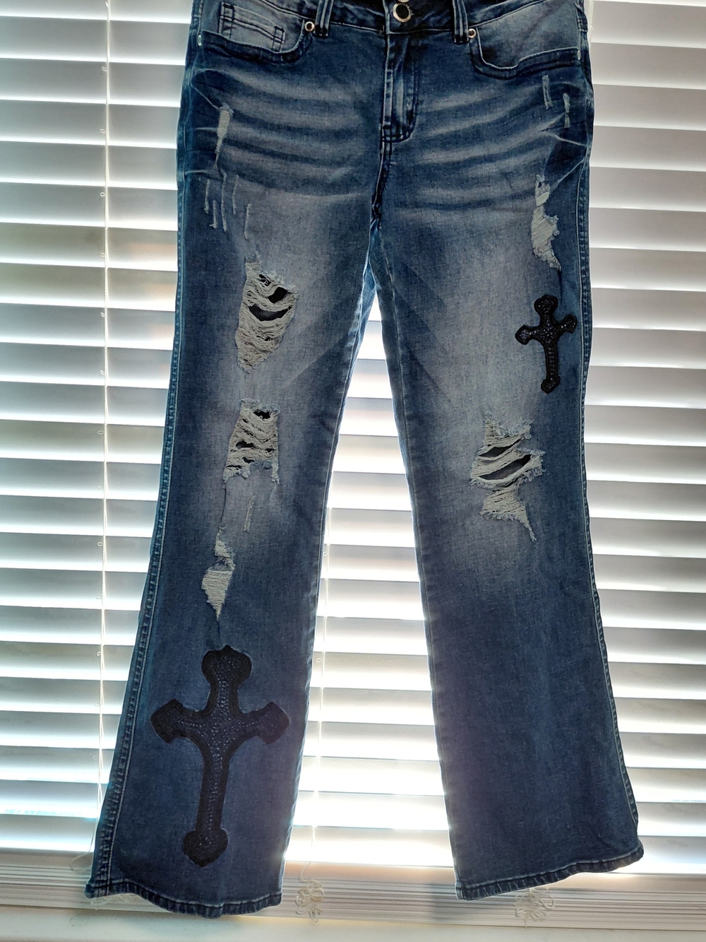 Flamingo Dark Wash Ripped Women’s Jeans with Cross Appliqués